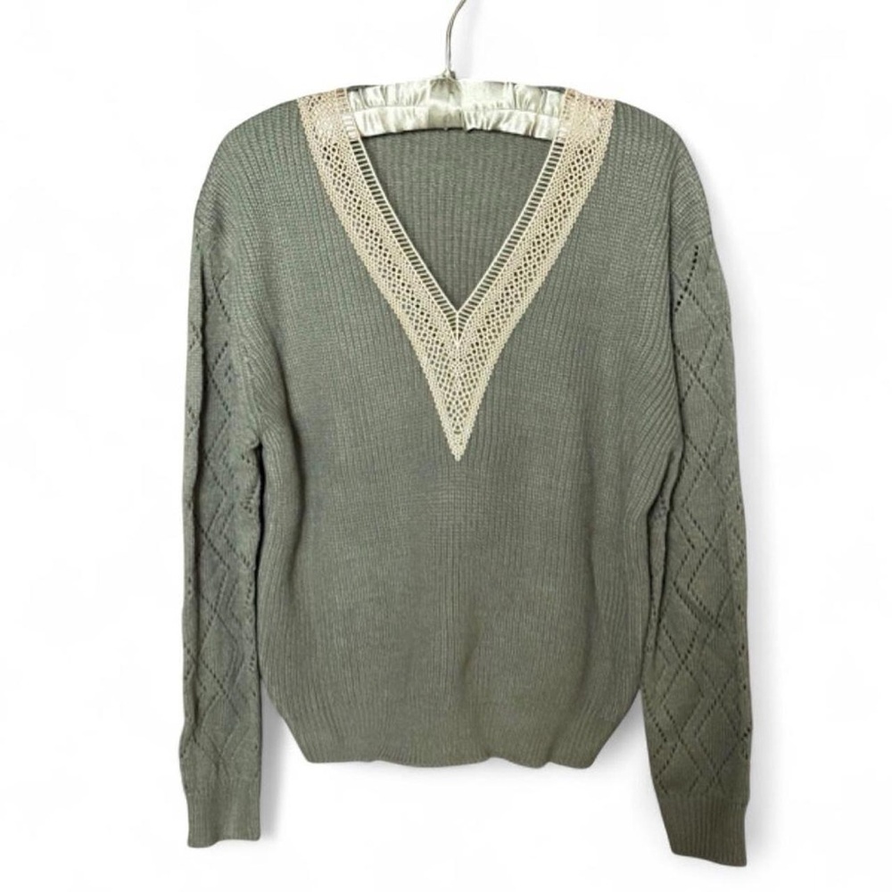 Green Lace V-Neck Sweater